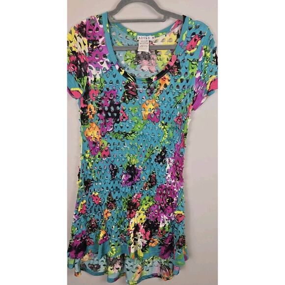 Neon Abstract Floral Cutout Swim Coverup Mini Dress MED Indie Sleeze Sexy Beach - Picture 2 of 7